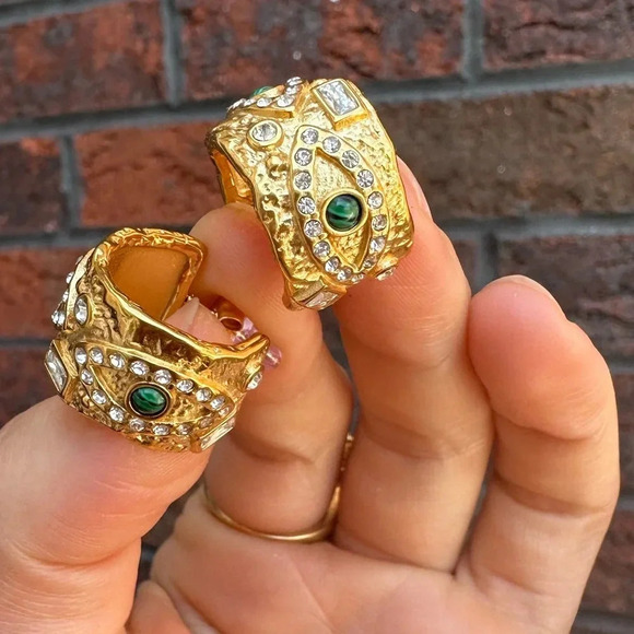 Baroque Malachite 18K Gold Stainless Steel Waterproof Eye Hoop Earrings - Picture 11 of 12